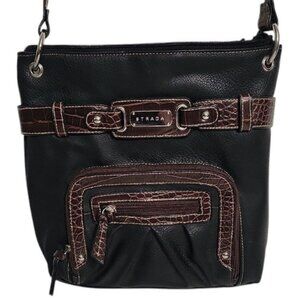 Strada Black Faux Leather Crossbody Bag w/ Brown Croc Trim
